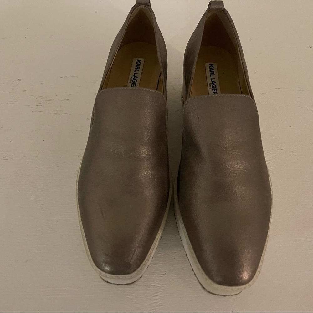 Karl Lagerfeld, antique gold, metallic suede platform shoes
